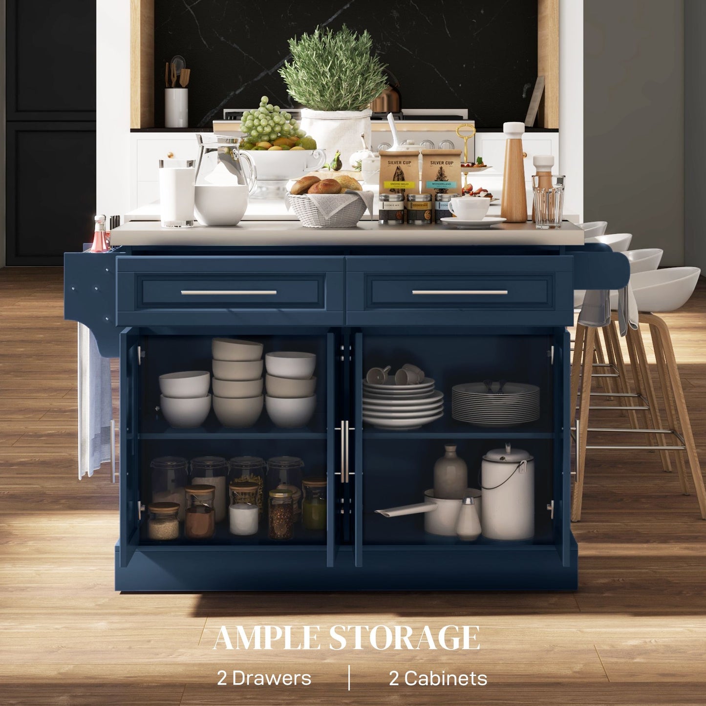 Rolling Kitchen Island with Storage and Stainless Steel Top, Kitchen Trolley with Drawers, Cabinets, Towel Rack, Blue