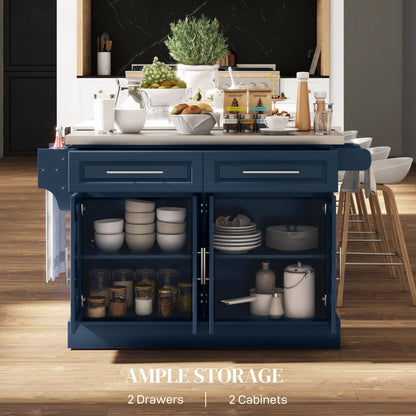 Rolling Kitchen Island with Storage and Stainless Steel Top, Kitchen Trolley with Drawers, Cabinets, Towel Rack, Blue