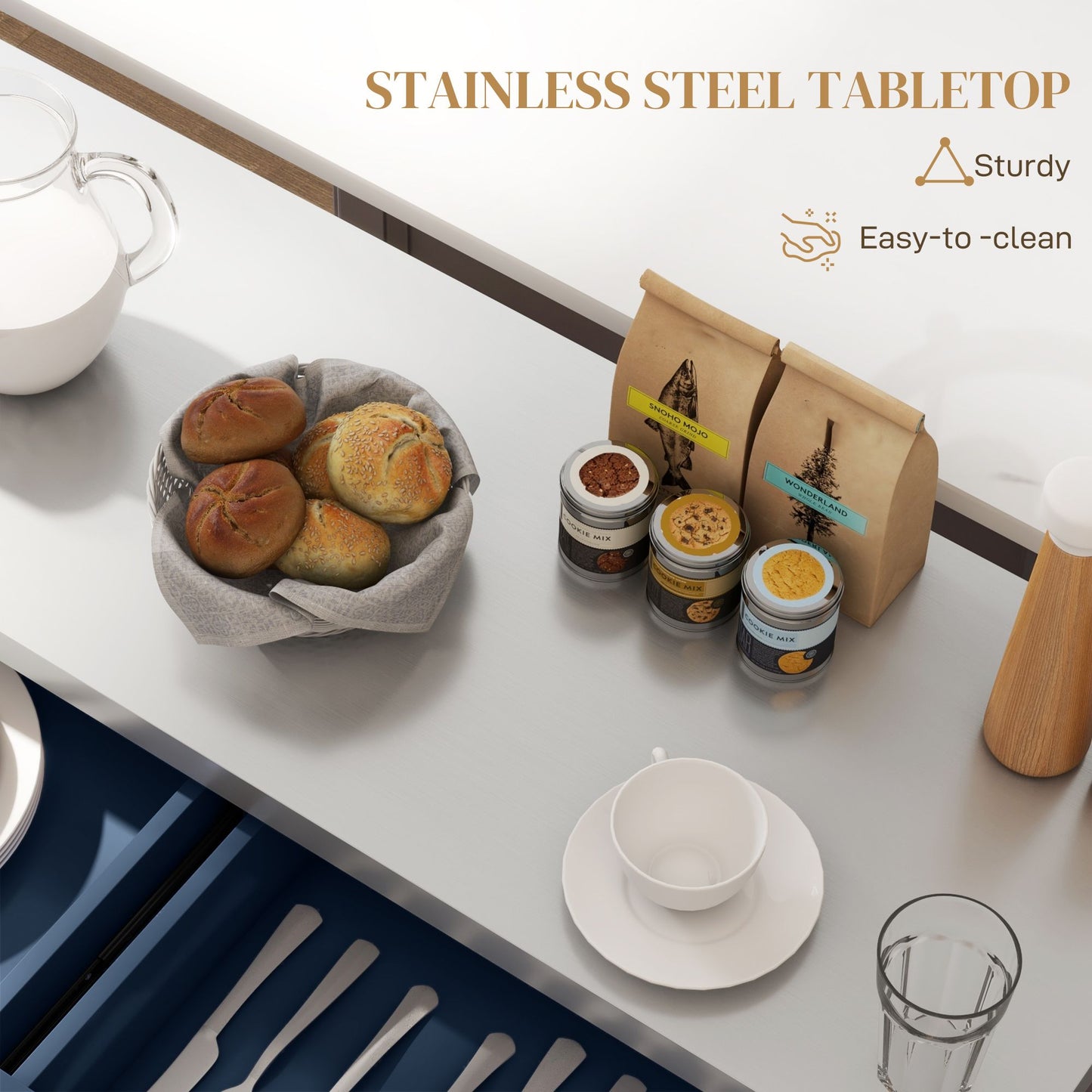Rolling Kitchen Island with Storage and Stainless Steel Top, Kitchen Trolley with Drawers, Cabinets, Towel Rack, Blue