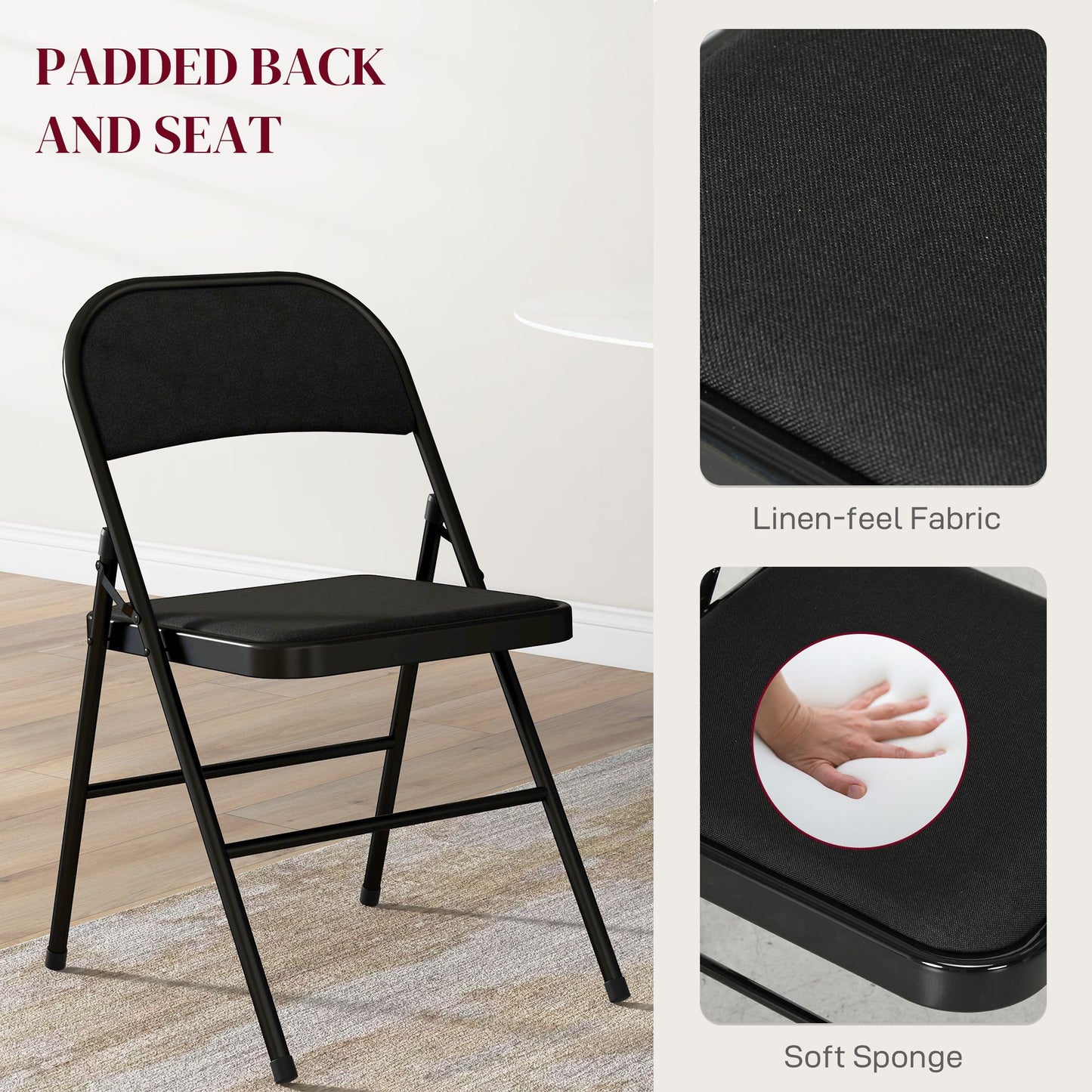 Set of 6 Metal Foldable Chairs, Linen Padded Folding Chairs with Cushion Seat and Open Back for Indoor, Black