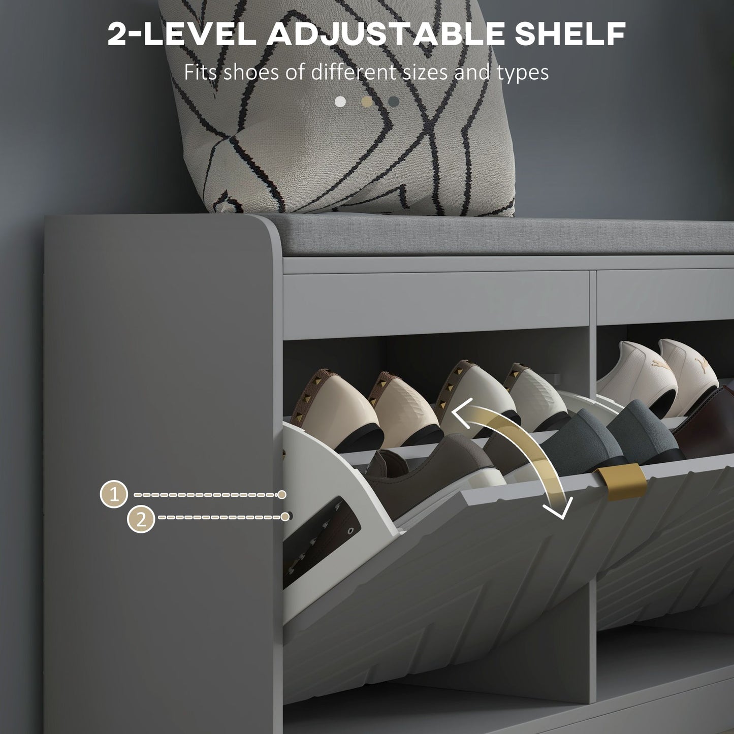 Shoe Storage with Seat, Upholstered Hallway Bench, Shoe Bench with 2 Flip Drawers and 4 Vents for 8 Pairs of Shoes