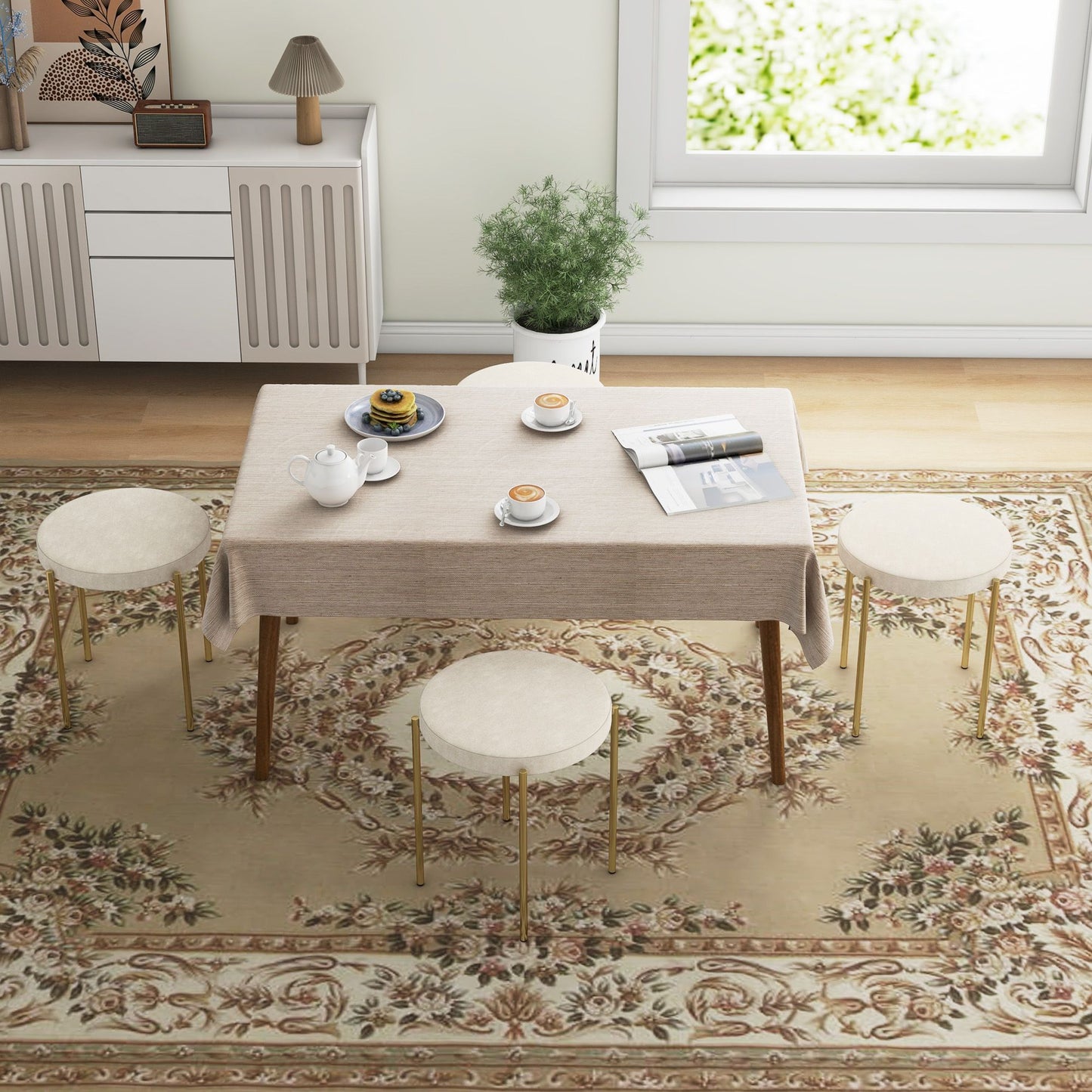 Backless Round Dining Chairs, Modern Stacking Stools Set of 4, Kitchen Chairs with Metal Legs, Cream White