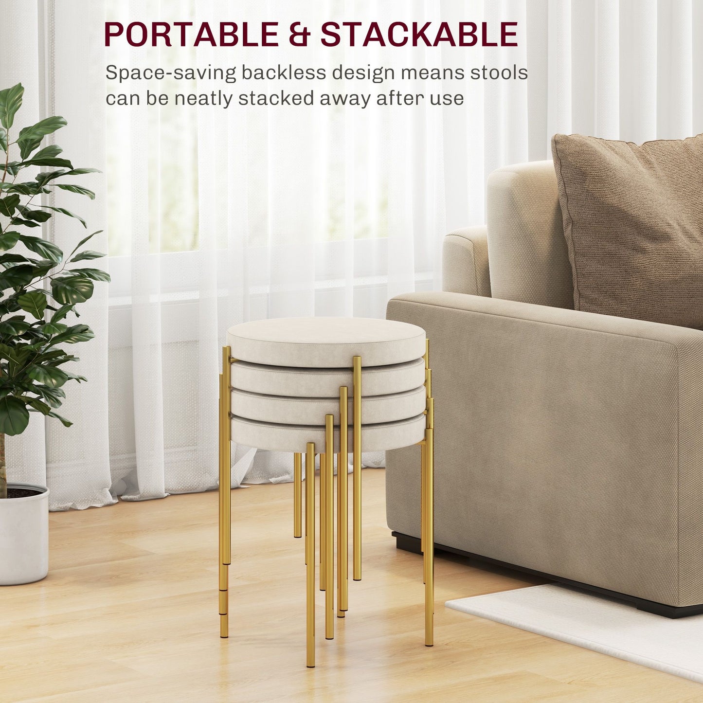 Backless Round Dining Chairs, Modern Stacking Stools Set of 4, Kitchen Chairs with Metal Legs, Cream White
