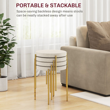 Backless Round Dining Chairs, Modern Stacking Stools Set of 4, Kitchen Chairs with Metal Legs, Cream White