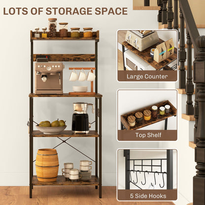 Kitchen Baker's Rack with Power Outlet, Coffee Bar Station with Adjustable Shelves and Hooks, Rustic Brown