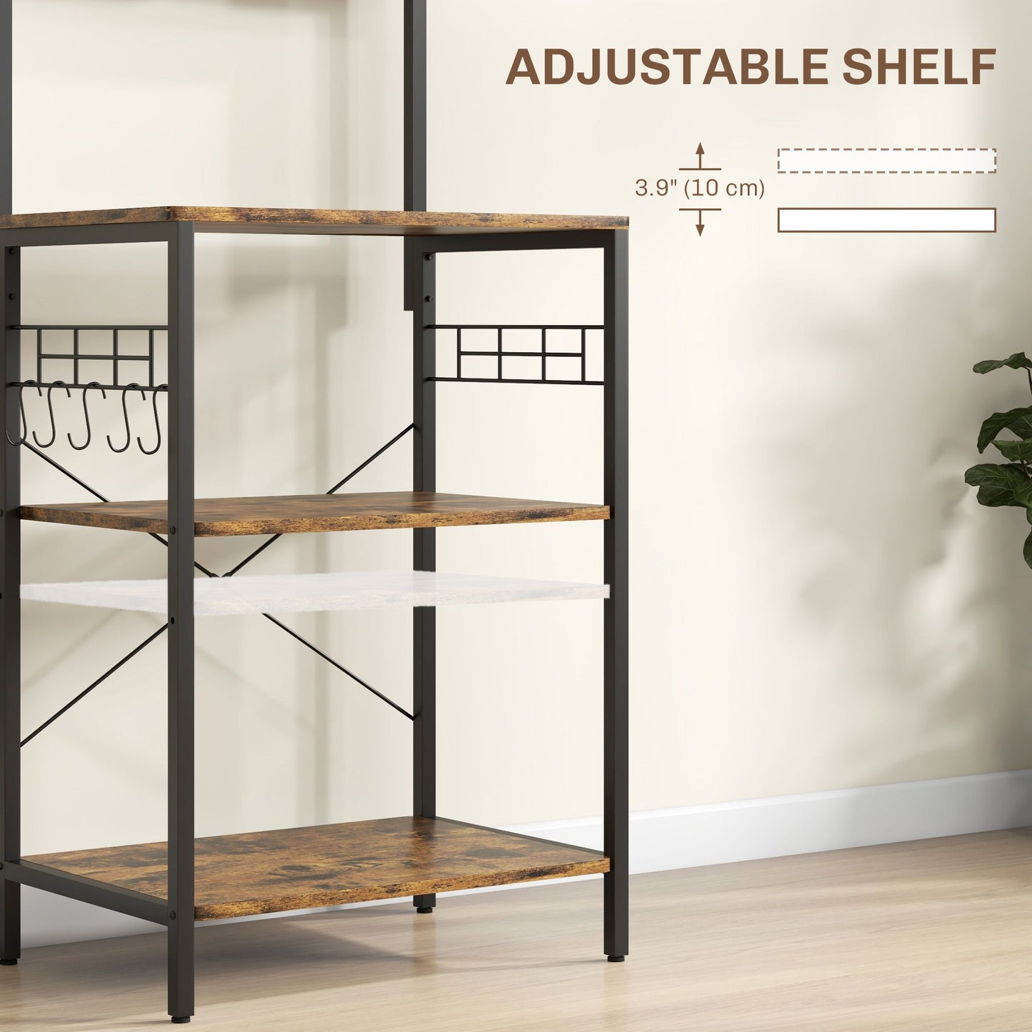 Kitchen Baker's Rack with Power Outlet, Coffee Bar Station with Adjustable Shelves and Hooks, Rustic Brown