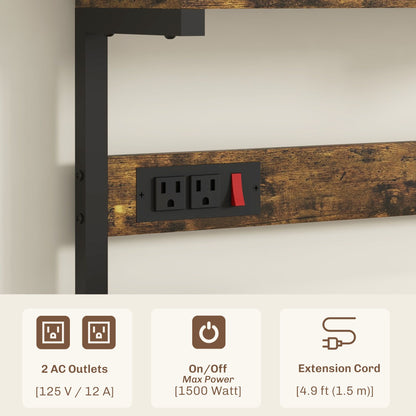 Kitchen Baker's Rack with Power Outlet, Coffee Bar Station with Adjustable Shelves and Hooks, Rustic Brown