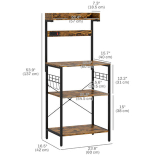 Kitchen Baker's Rack with Power Outlet, Coffee Bar Station with Adjustable Shelves and Hooks, Rustic Brown
