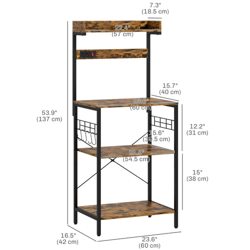 Kitchen Baker's Rack with Power Outlet, Coffee Bar Station with Adjustable Shelves and Hooks, Rustic Brown