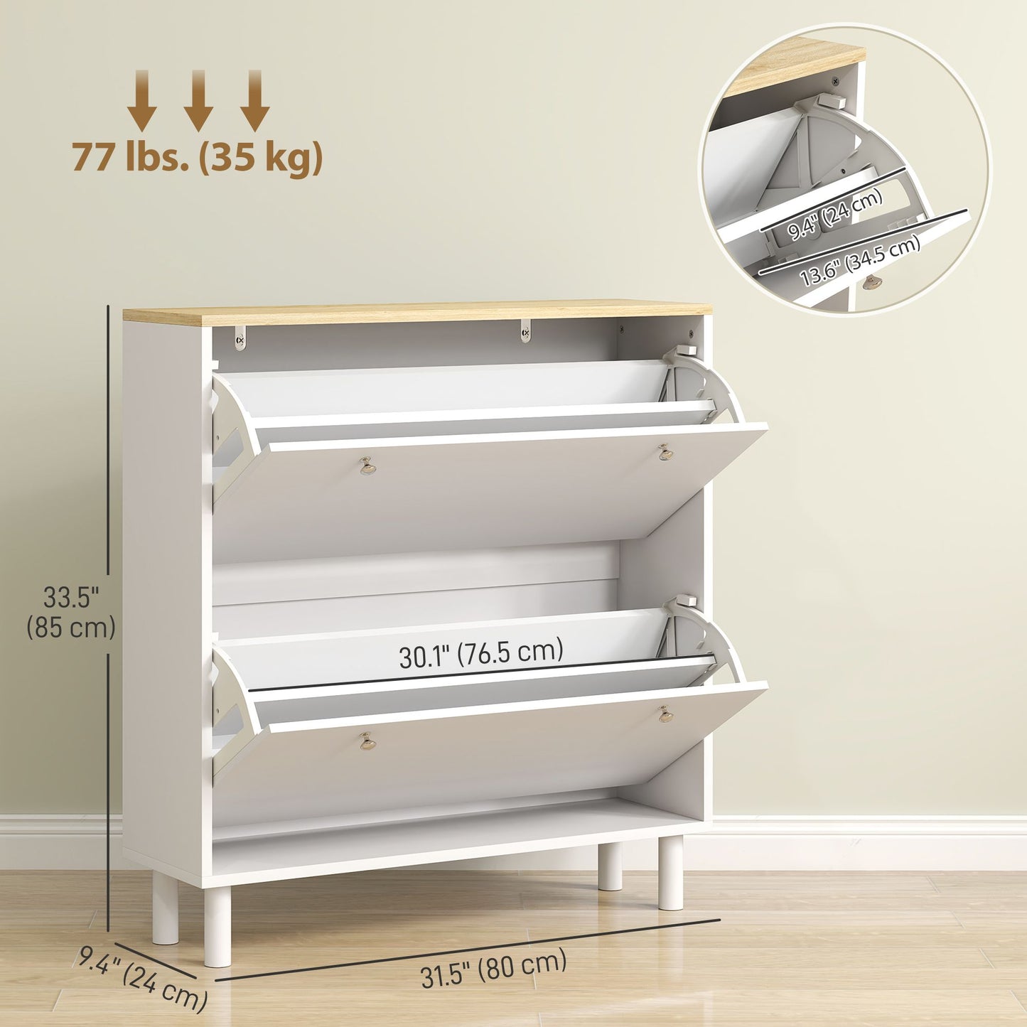 2 Drawers Shoe Storage Cabinet with Adjustable Shelves for 16 Pairs of Shoes, White