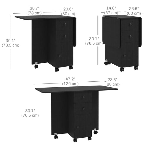Drop Leaf Dining Table, Mobile Folding Table on Wheels with Drawers and Cabinet for Dining Room, Kitchen, Black