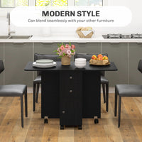 Drop Leaf Dining Table, Mobile Folding Table on Wheels with Drawers and Cabinet for Dining Room, Kitchen, Black