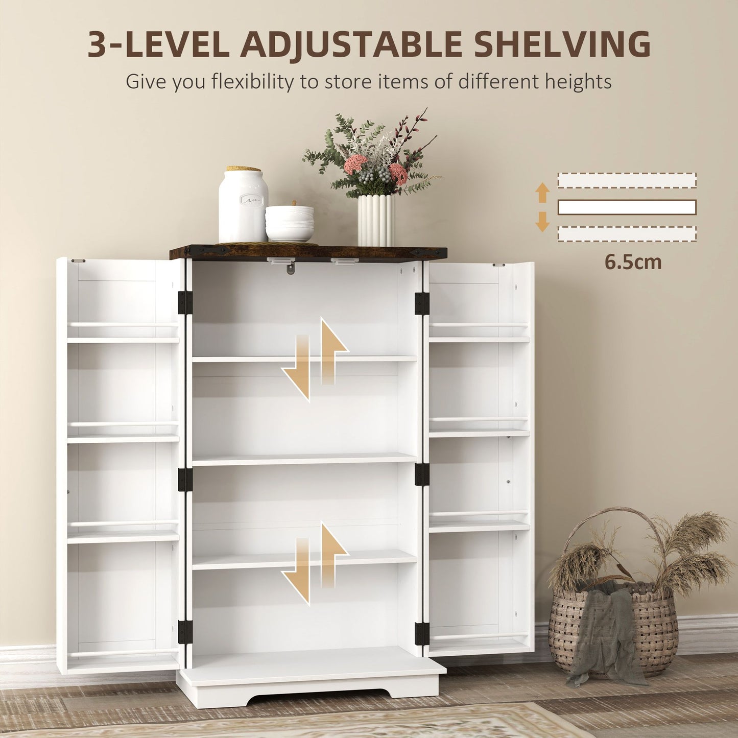 Farmhouse Kitchen Pantry Storage Cabinet, Kitchen Pantry Cabinet with Doors and Adjustable Shelves, White