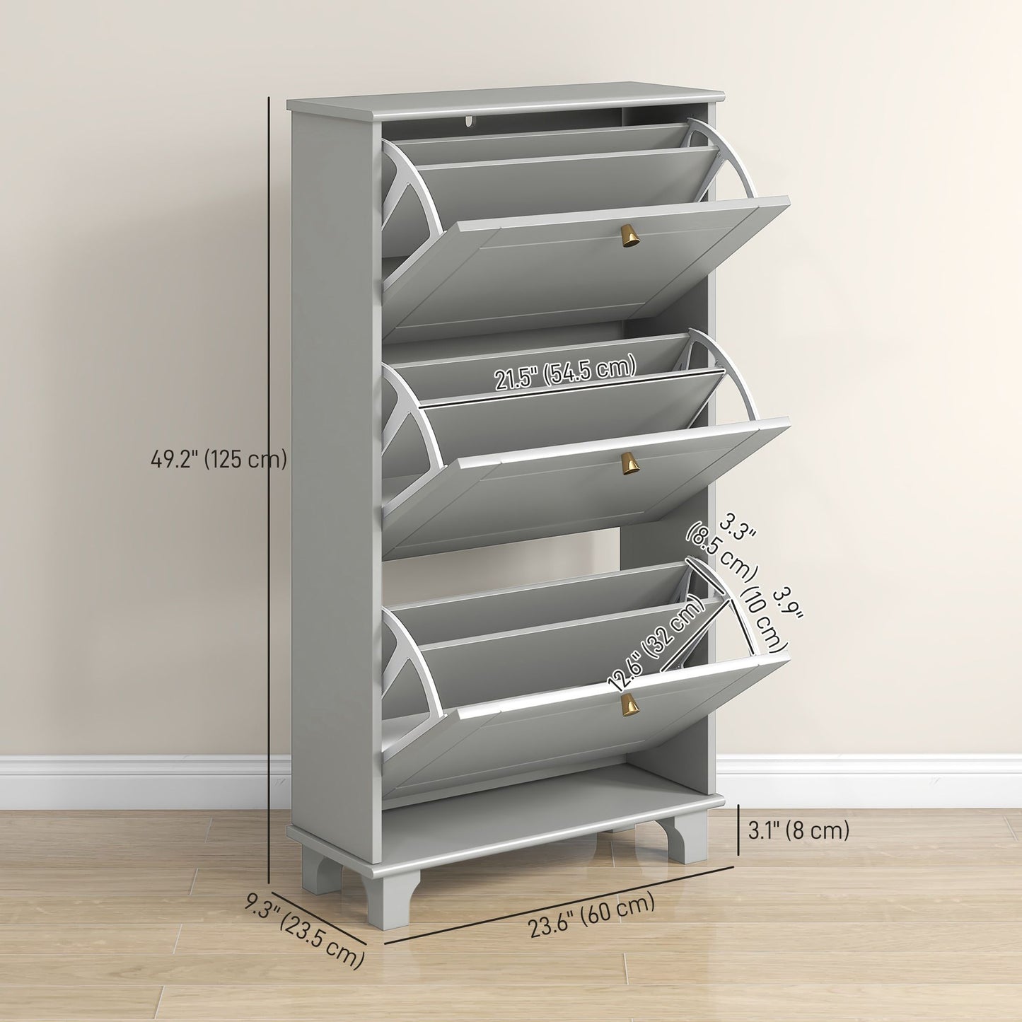 Narrow Shoe Storage with 3 Flip Drawers and Adjustable Shelves, Shoe Cabinet Organizer for 12 Pairs of Shoes, Grey
