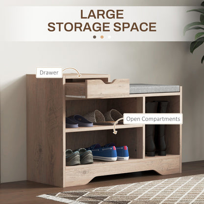 Upholstered Shoe Storage Bench, Hallway Shoe Storage with Seat, Drawer, 3 Open Shelves for Entryway, Grey