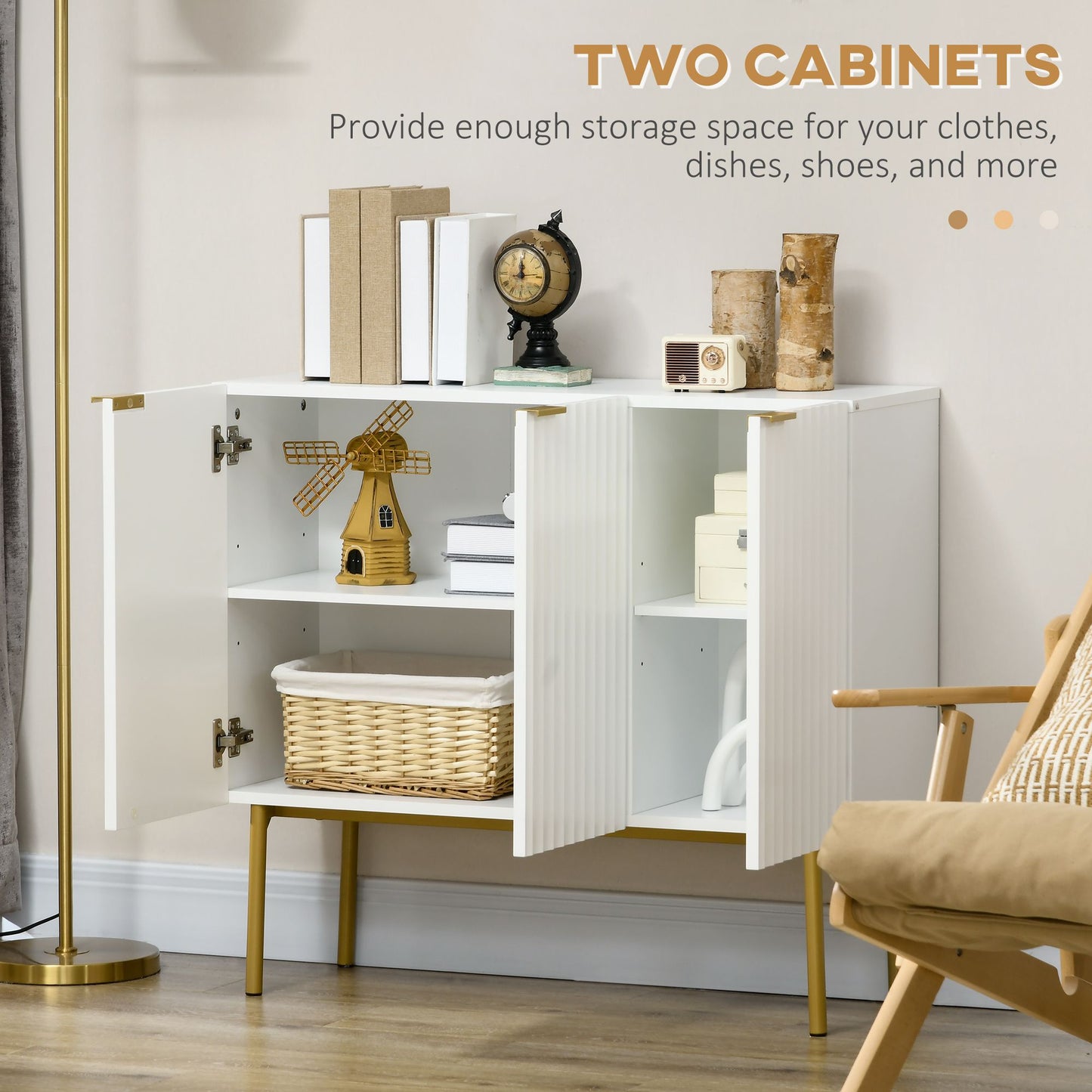 Modern Storage Cabinet Sideboard Buffet Cabinet with Gold Legs for Living Room Dining Room Hallway White
