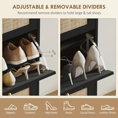 Rattan Shoe Storage Cabinet with 3 Flip Drawers and Adjustable Shelves, Entryway Shoe Cabinet for 18 Pairs, Black