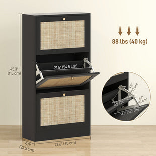 Rattan Shoe Storage Cabinet with 3 Flip Drawers and Adjustable Shelves, Entryway Shoe Cabinet for 18 Pairs, Black