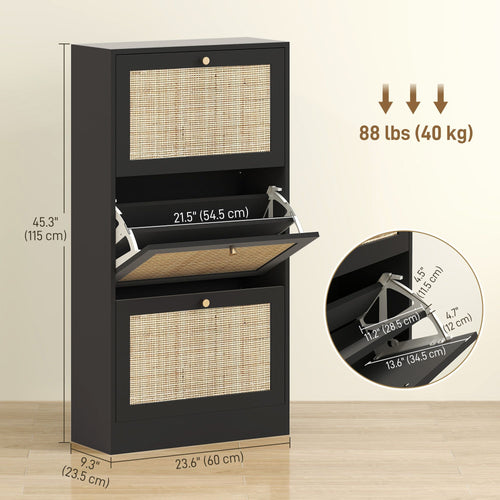 Rattan Shoe Storage Cabinet with 3 Flip Drawers and Adjustable Shelves, Entryway Shoe Cabinet for 18 Pairs, Black