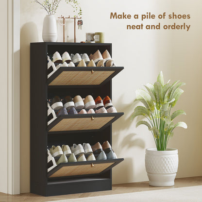 Rattan Shoe Storage Cabinet with 3 Flip Drawers and Adjustable Shelves, Entryway Shoe Cabinet for 18 Pairs, Black