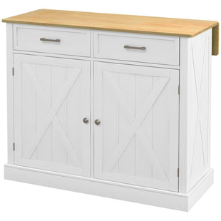 Rolling Kitchen Island with Drop Leaf Wood Breakfast Bar, Farmhouse Kitchen Cart with 2 Drawers, Adjustable Shelves for Dining Room (White)