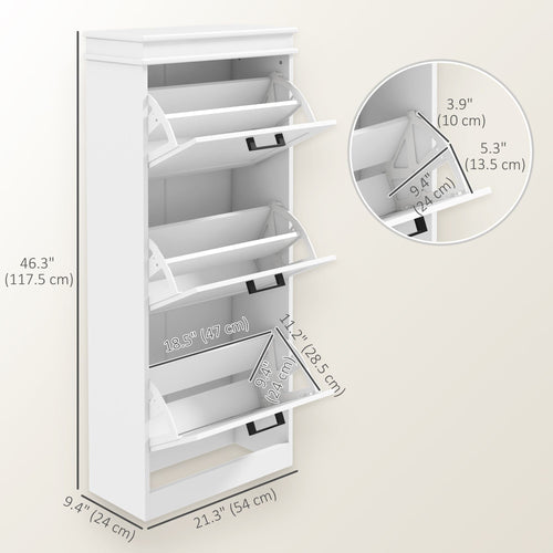 Slim Shoe Cabinet with 3 Flip Drawers and Adjustable Shelves, Narrow Shoe Cabinet for 15 Pairs of Shoes, White