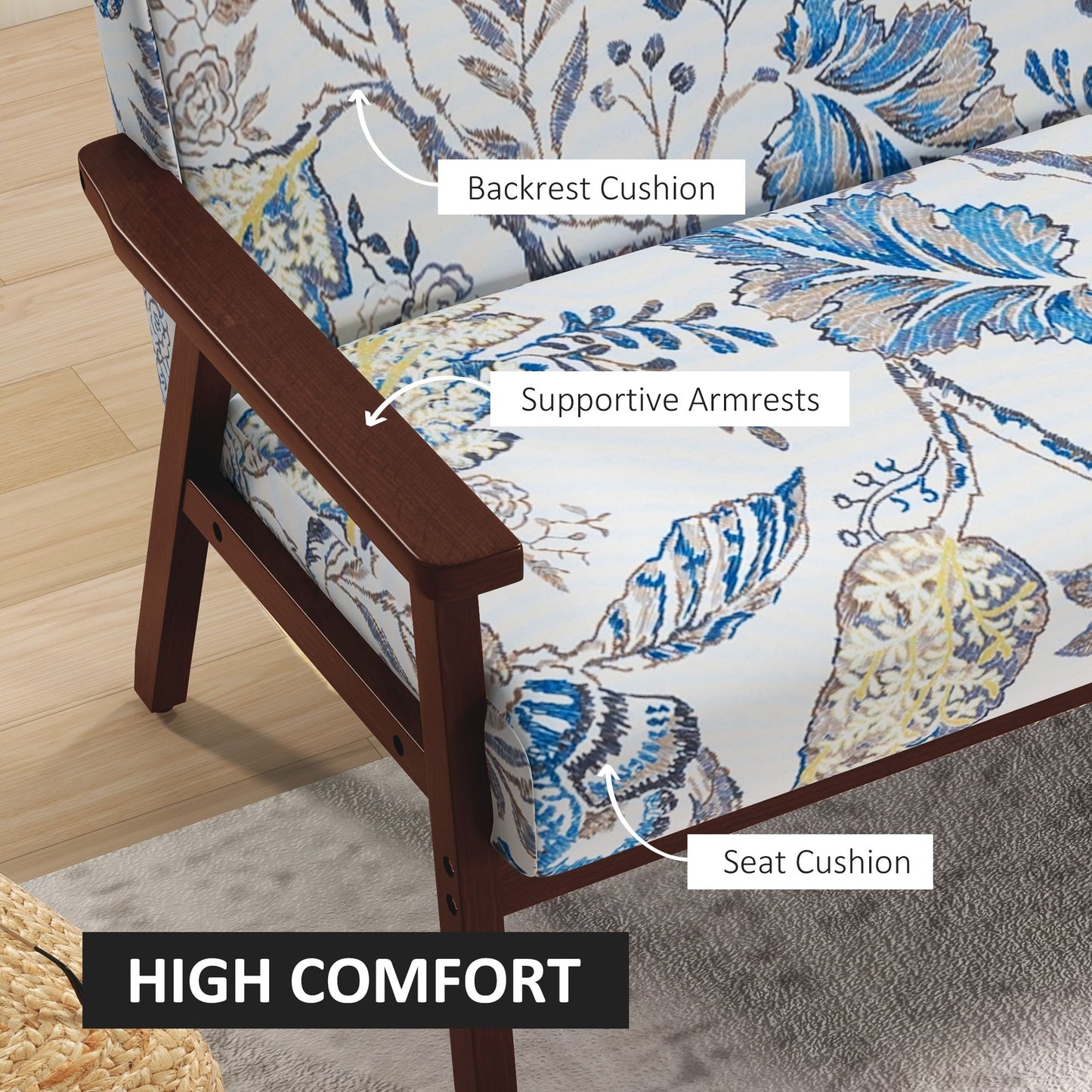 Compact Loveseat Sofa Couch Linen Fabric Double Seat Sofa with Rubber Wood Legs Multicolour