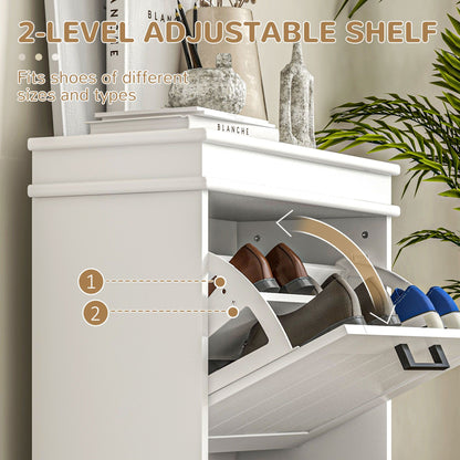 Shoe Storage Cabinet with 2 Flip Drawers and Adjustable Shelves, Narrow Shoe Cabinet for 10 Pairs of Shoes, White