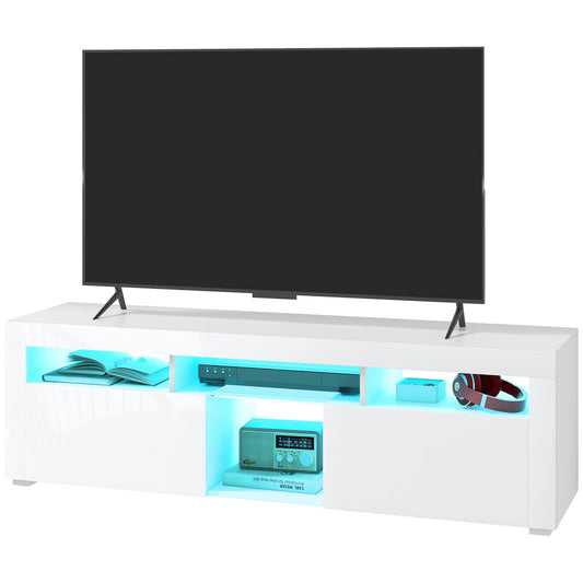 Modern TV Stand with Storage and LED Lights for TVs up to 55", TV Cabinet with Open Compartments, High Gloss White