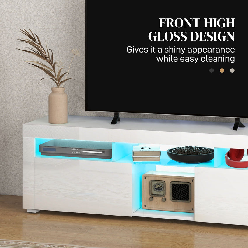 Modern TV Stand with Storage and LED Lights for TVs up to 55", TV Cabinet with Open Compartments, High Gloss White
