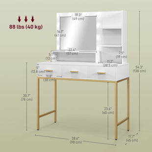 Illuminated Dressing Table, LED Vanity Table with Mirror, 3 Drawers and Storage Shelves for Bedroom, White