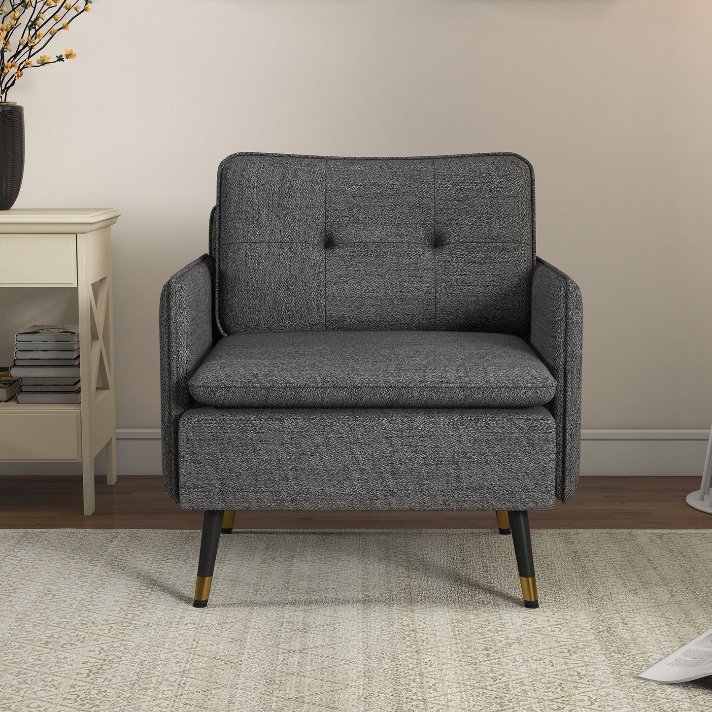 Modern Armchair, Upholstered Accent Chair with Tufted Back Cushion and Steel Legs for Living Room, Bedroom, Dark Grey