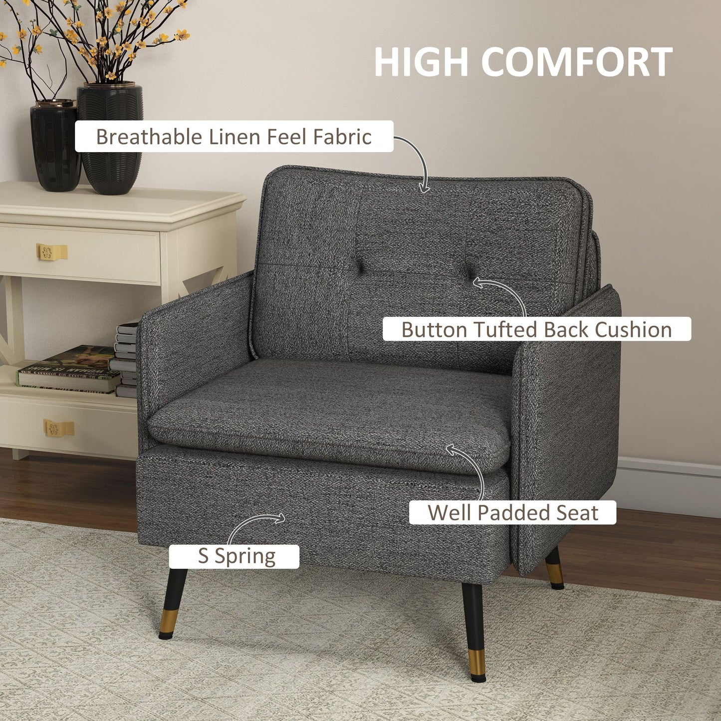 Modern Armchair, Upholstered Accent Chair with Tufted Back Cushion and Steel Legs for Living Room, Bedroom, Dark Grey