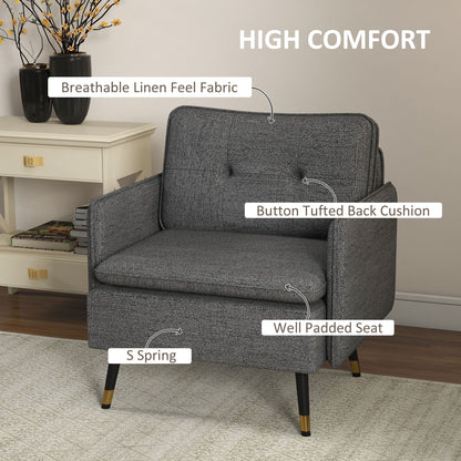 Modern Armchair, Upholstered Accent Chair with Tufted Back Cushion and Steel Legs for Living Room, Bedroom, Dark Grey