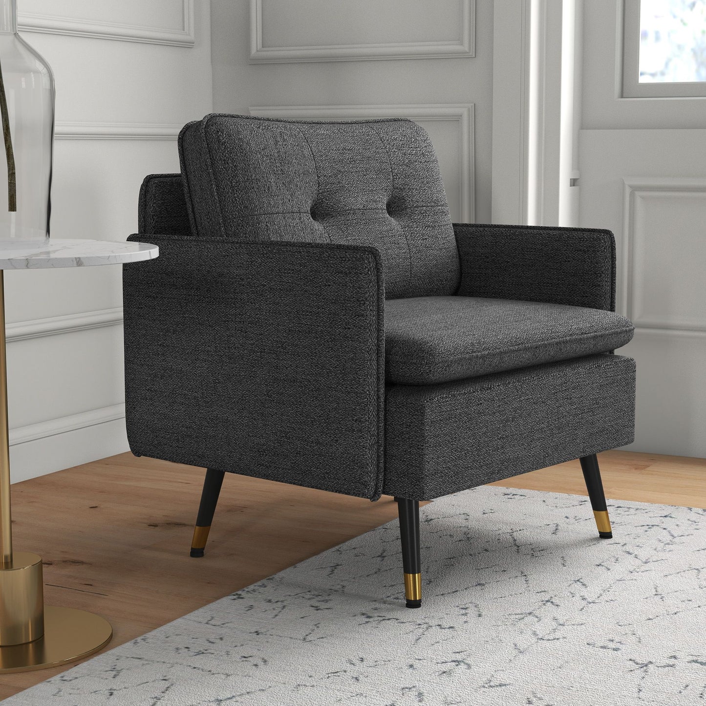 Modern Armchair, Upholstered Accent Chair with Tufted Back Cushion and Steel Legs for Living Room, Bedroom, Dark Grey