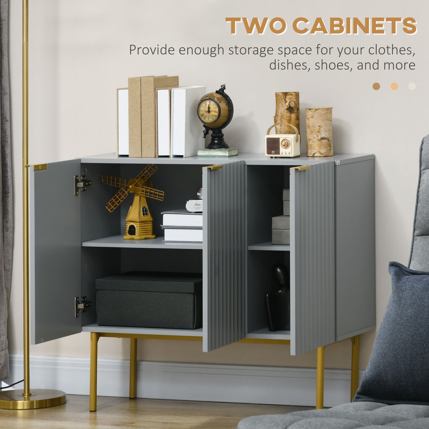 Modern Storage Cabinet Sideboard Buffet Cabinet with Gold Legs for Living Room Dining Room Hallway Grey