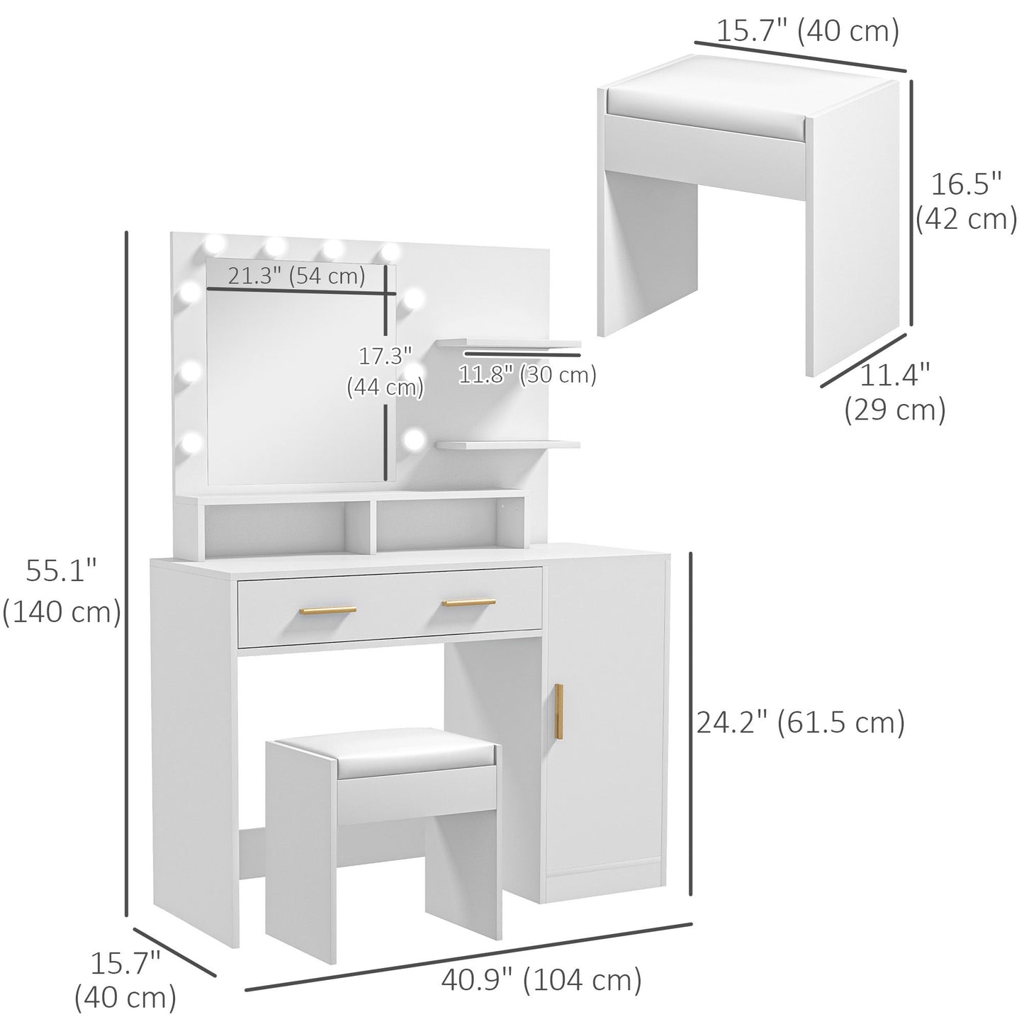 Illuminated Dressing Table Set, LED Vanity Table Set with Stool, LED Mirror, Drawer and Cabinet Shelves for Bedroom