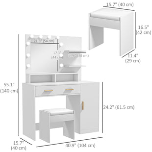 Illuminated Dressing Table Set, LED Vanity Table Set with Stool, LED Mirror, Drawer and Cabinet Shelves for Bedroom
