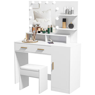 Illuminated Dressing Table Set, LED Vanity Table Set with Stool, LED Mirror, Drawer and Cabinet Shelves for Bedroom