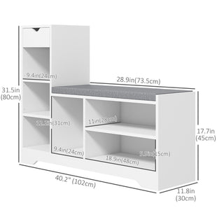 Upholstered Shoe Storage Bench w/ Seat, Entrance Bench w/ Drawer and 6 Open Shelves for Hallway, White
