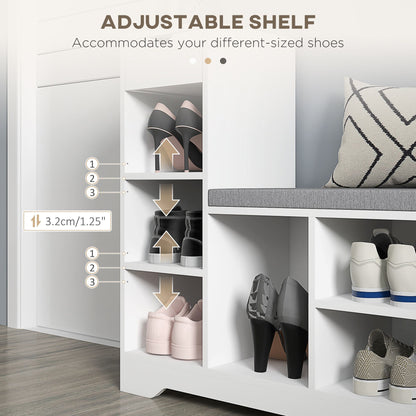 Upholstered Shoe Storage Bench w/ Seat, Entrance Bench w/ Drawer and 6 Open Shelves for Hallway, White