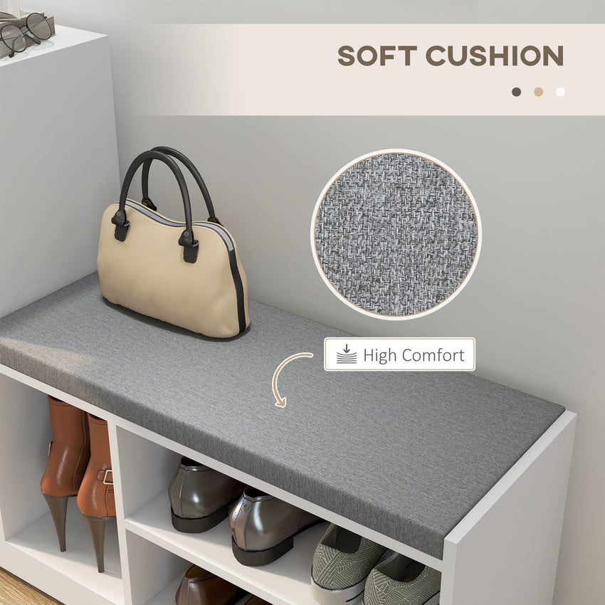 Upholstered Shoe Storage Bench w/ Seat, Entrance Bench w/ Drawer and 6 Open Shelves for Hallway, White