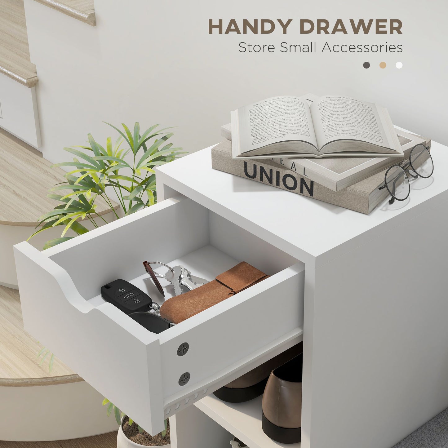 Upholstered Shoe Storage Bench w/ Seat, Entrance Bench w/ Drawer and 6 Open Shelves for Hallway, White