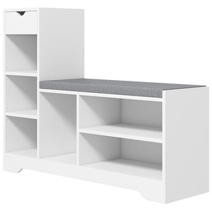 Upholstered Shoe Storage Bench w/ Seat, Entrance Bench w/ Drawer and 6 Open Shelves for Hallway, White