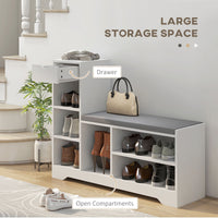 Upholstered Shoe Storage Bench w/ Seat, Entrance Bench w/ Drawer and 6 Open Shelves for Hallway, White