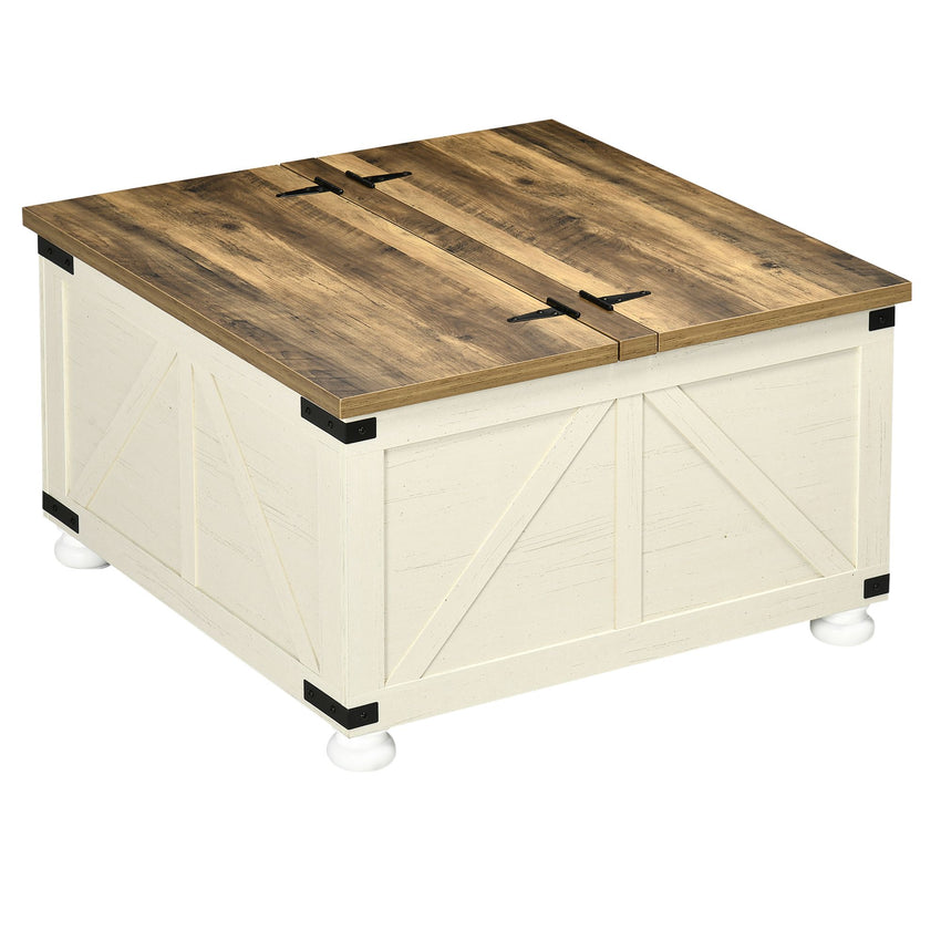 Farmhouse Coffee Table, Square Center Table with Flip-top Lids, Hidden Storage Compartment and Wooden Legs, Antique White