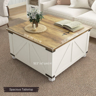 Farmhouse Coffee Table, Square Center Table with Flip-top Lids, Hidden Storage Compartment and Wooden Legs, Antique White
