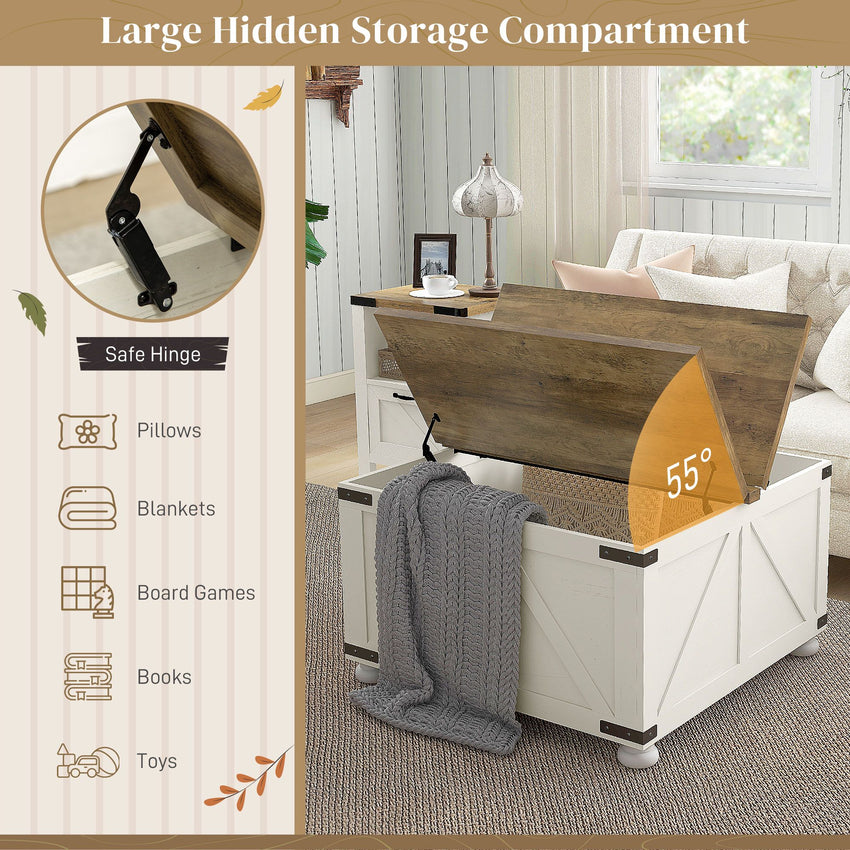 Farmhouse Coffee Table, Square Center Table with Flip-top Lids, Hidden Storage Compartment and Wooden Legs, Antique White