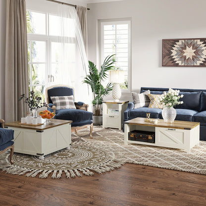 Farmhouse Coffee Table, Square Center Table with Flip-top Lids, Hidden Storage Compartment and Wooden Legs, Antique White