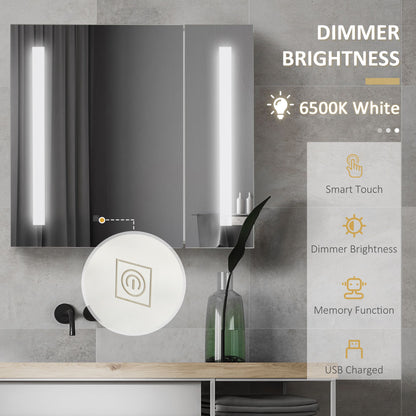 LED Medicine Cabinet with Mirror and Lights, 27.5" x 25.5" Lighted Bathroom Wall Cabinet, Bathroom Mirror Cabinet with Adjustable Shelf, USB Charge, White
